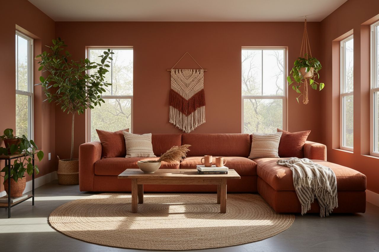 Sol gris, canapé terracotta et accessoires beiges