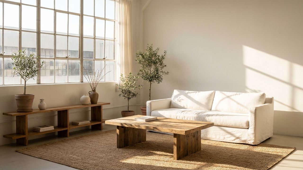 Ambiance cocooning dans un salon blanc et bois
