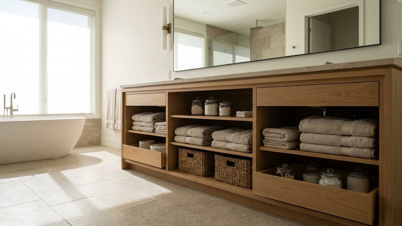 Salle de bain spacieuse avec un meuble double vasque large en bois clair.
