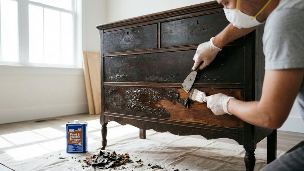 Décapage d'un meuble vernis avec un produit chimique