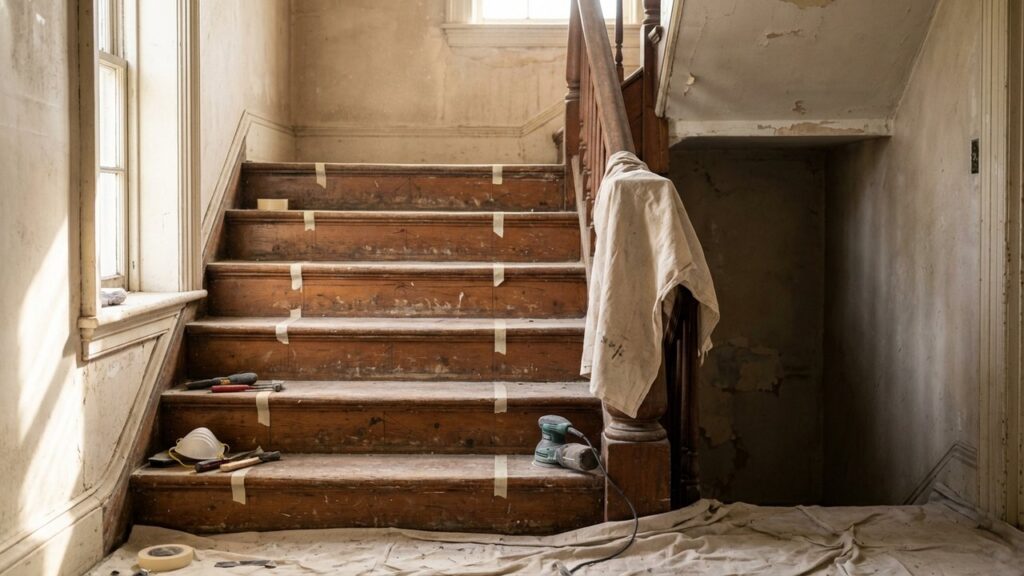 Escalier en bois abîmé prêt à être rénové et habillé
