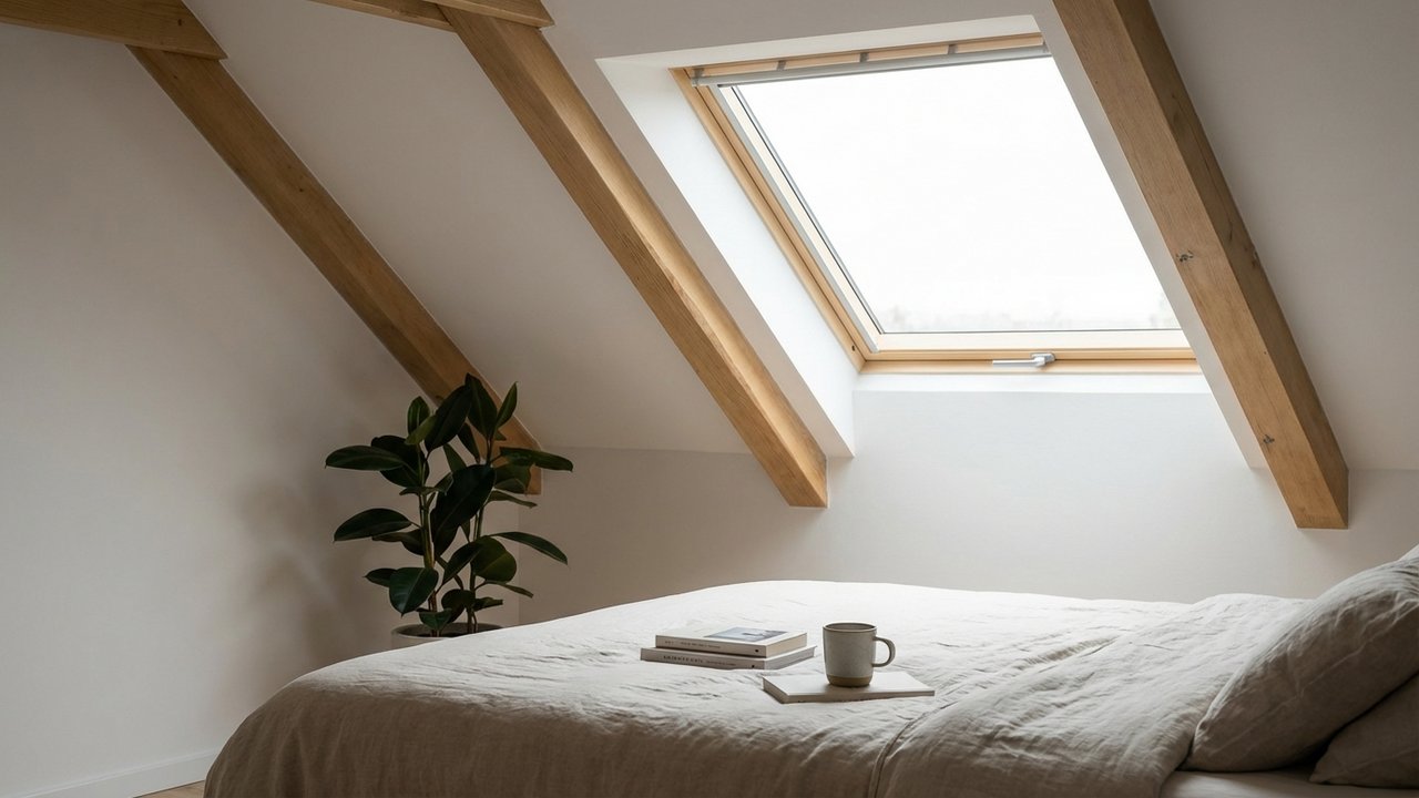 Installation d'une fenêtre de toit Fakro dans une chambre aménagée en comble