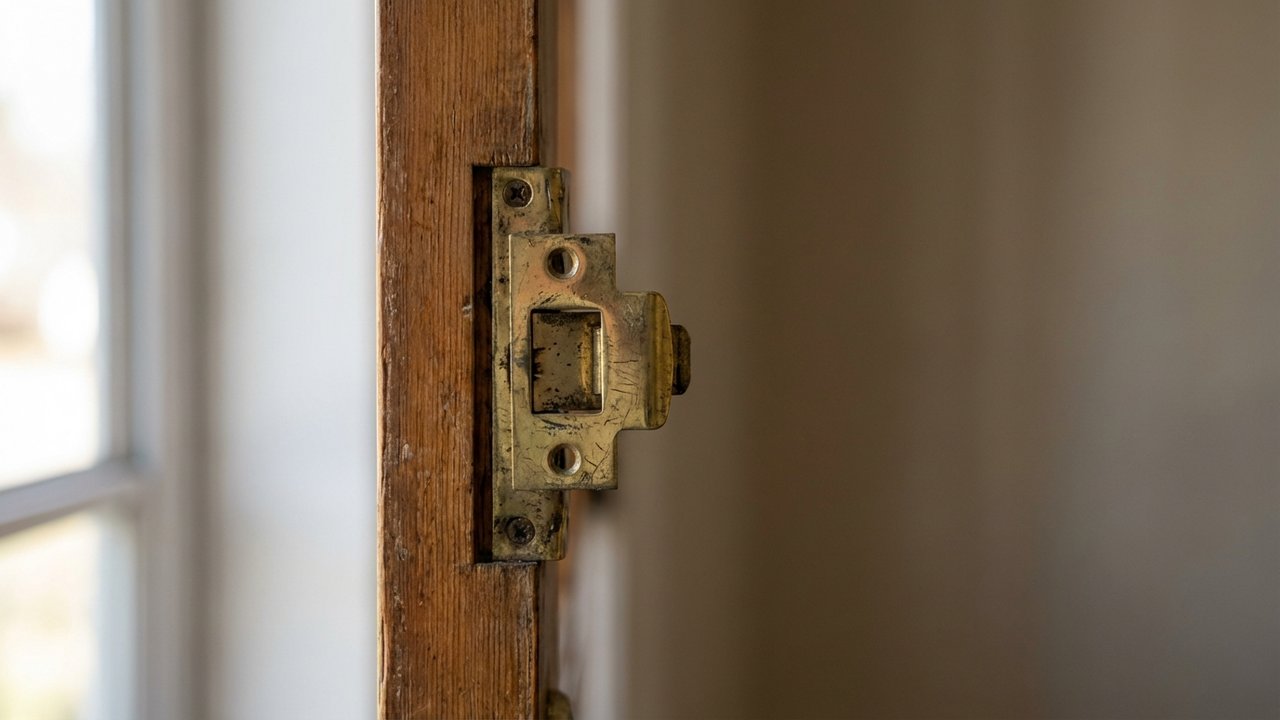 Détail du pêne et de la gâche d'une serrure de porte