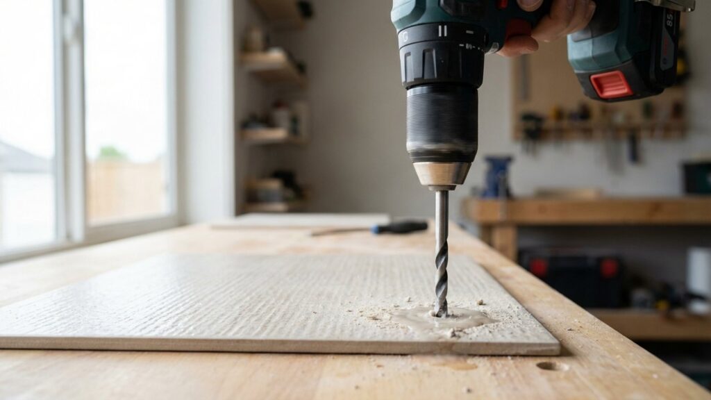 Perçage d'un carrelage avec un foret à faïence et une perceuse