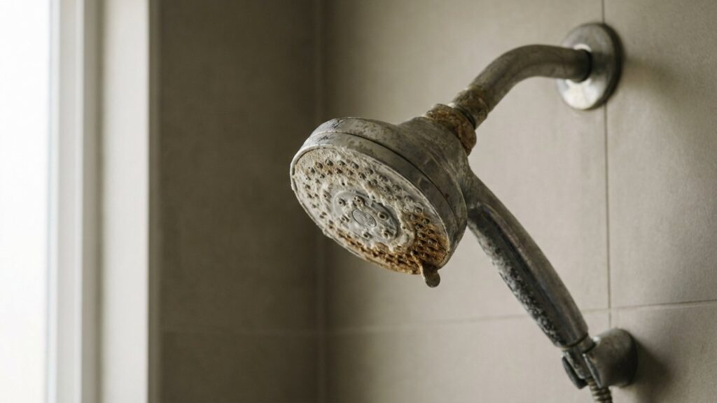 Pommeau de douche encrassé avec dépôts de calcaire
