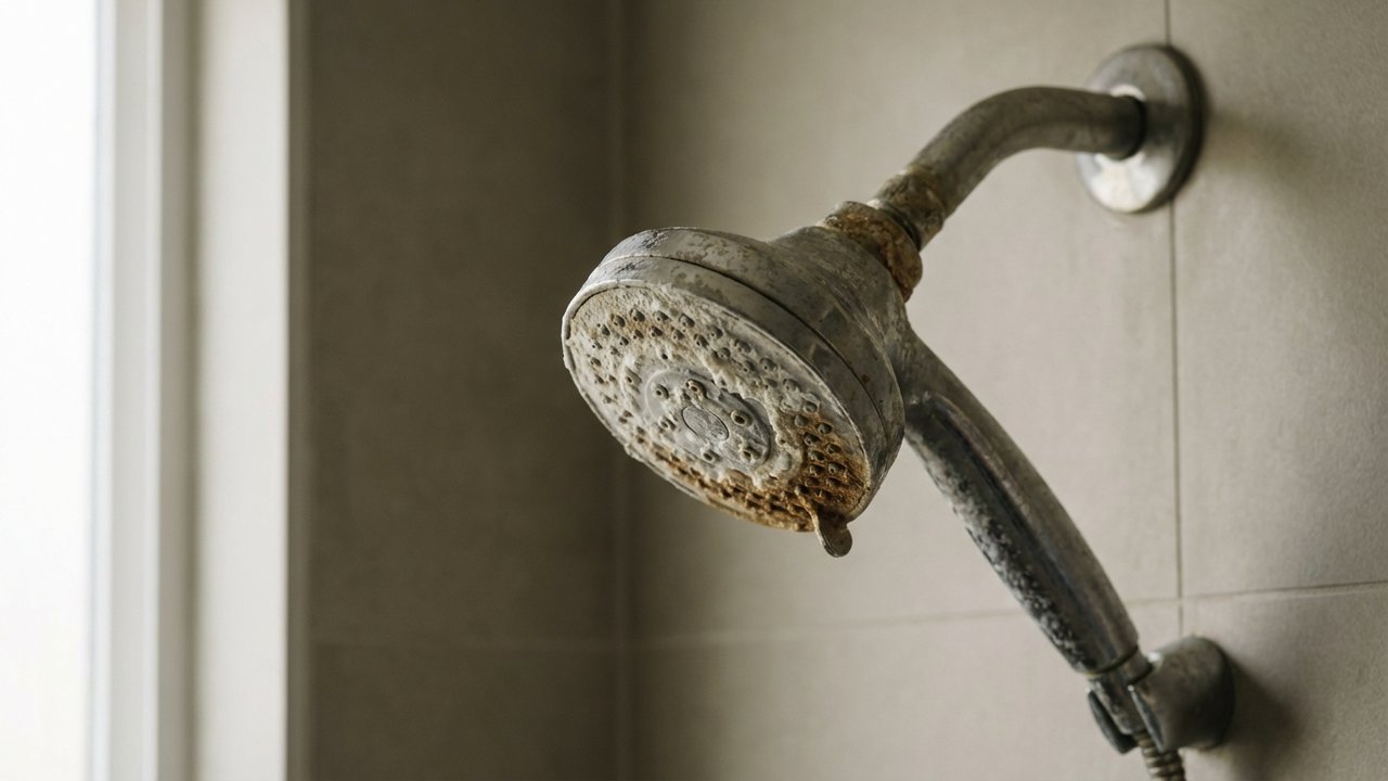 Pommeau de douche encrassé avec dépôts de calcaire