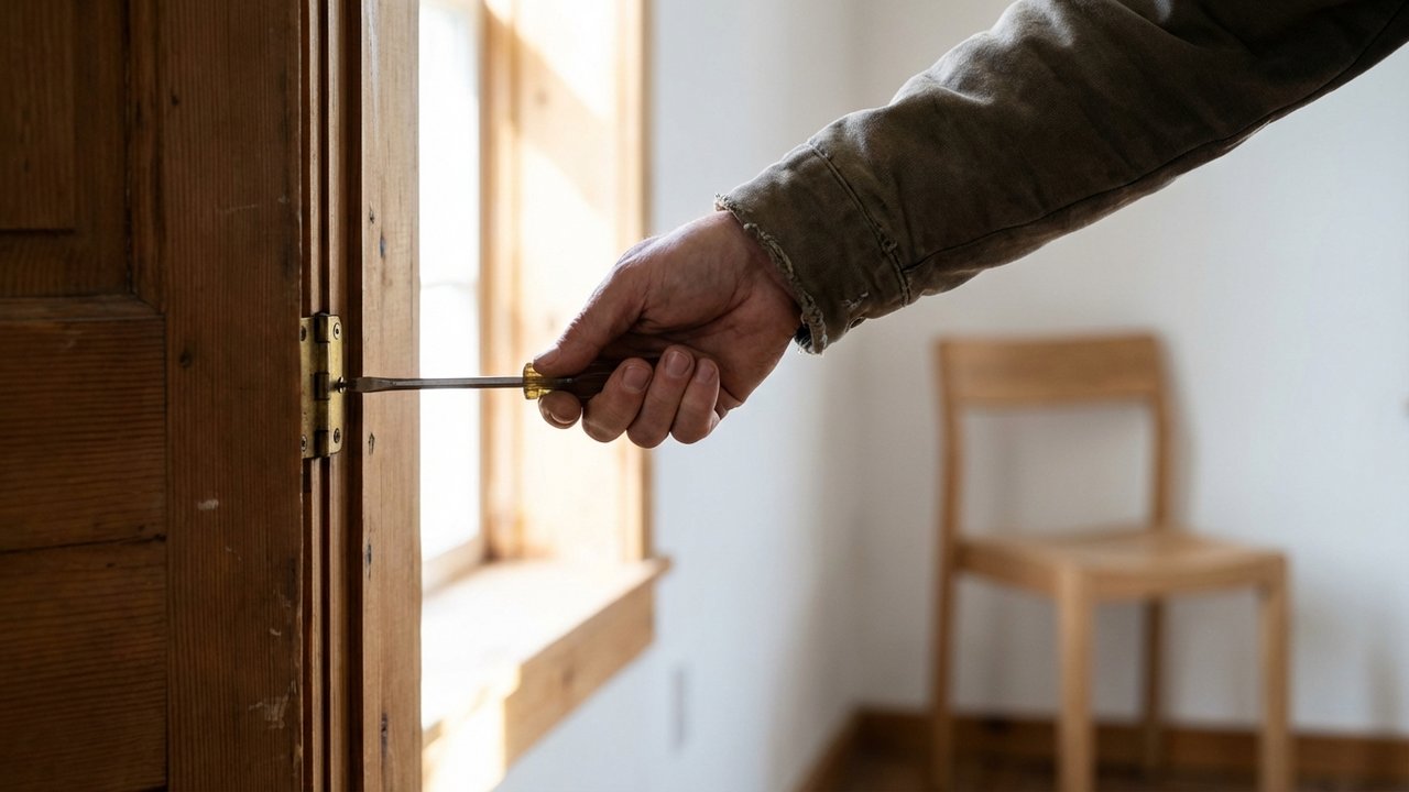 Serrage des vis de charnière d'une porte avec un tournevis