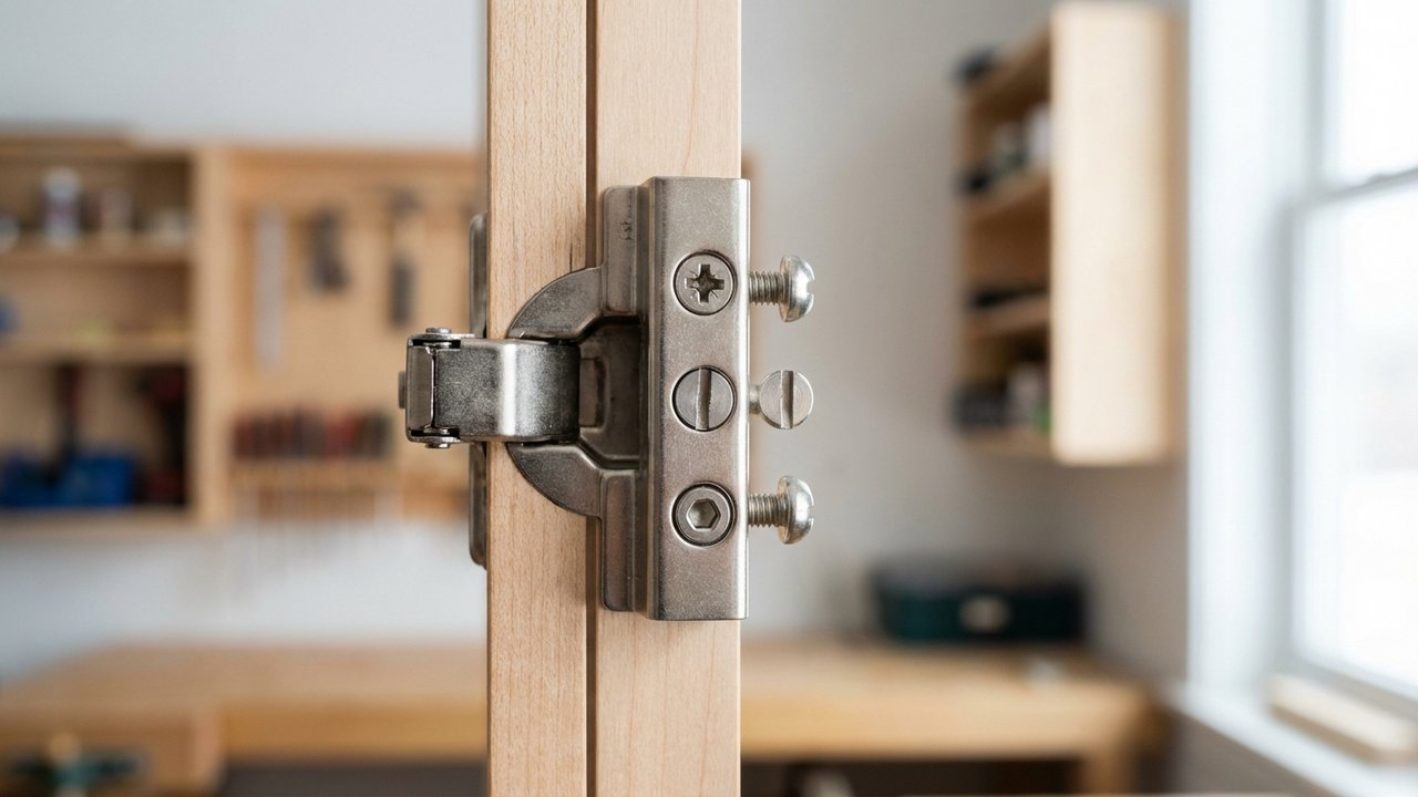 Les trois vis de réglage d'une charnière de porte de meuble