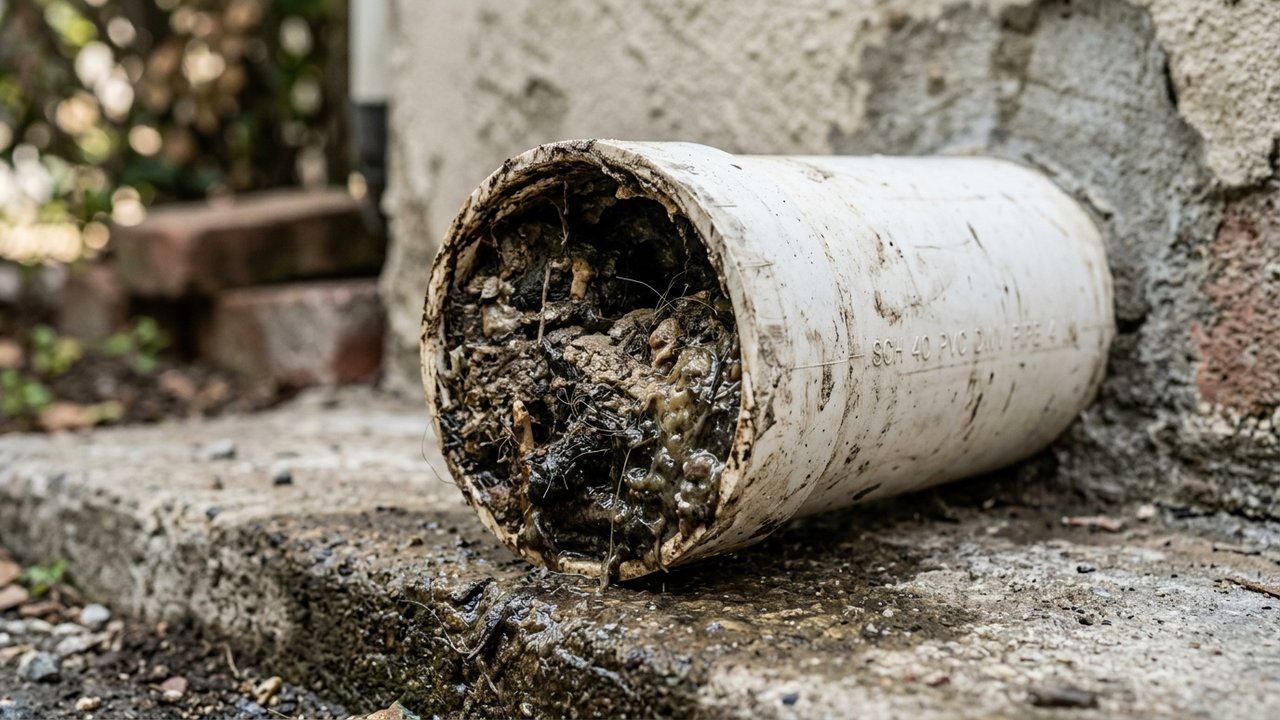 Accumulation de débris et bouchon dans une canalisation WC sous-pentée