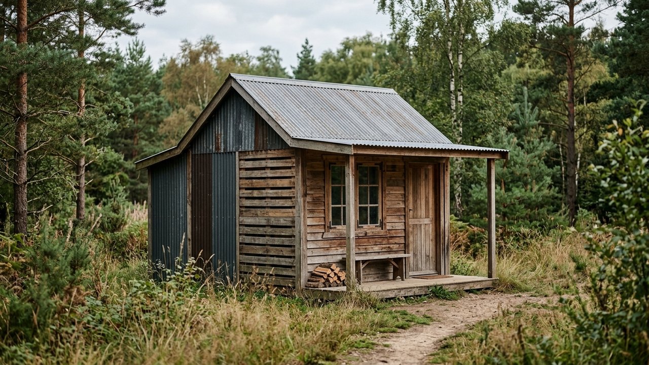 Cabane en palette avec toit en tôle ondulée et habillage des parois