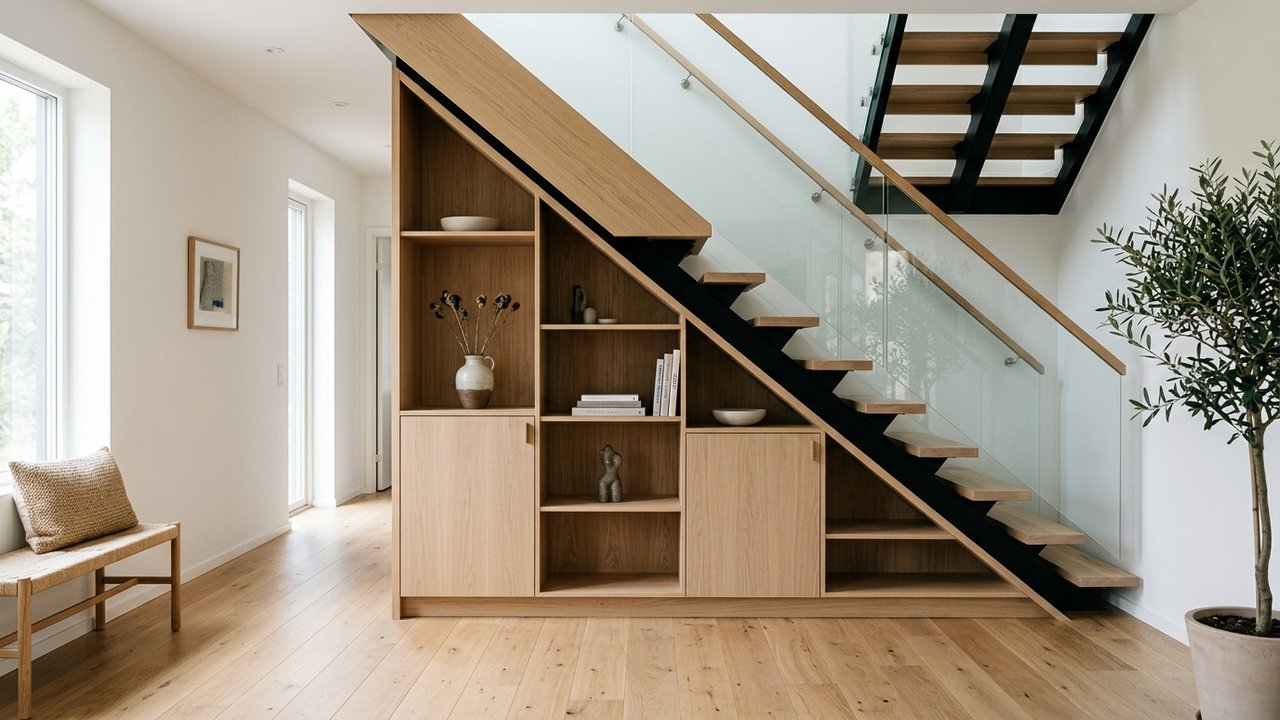Caissons sur mesure sous escalier ouvert épousant la pente des marches