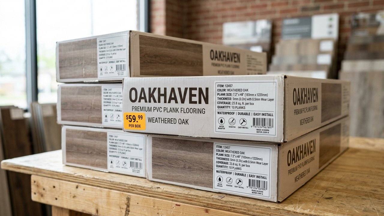 Cartons de lames PVC clipsables avec étiquettes de prix au m²