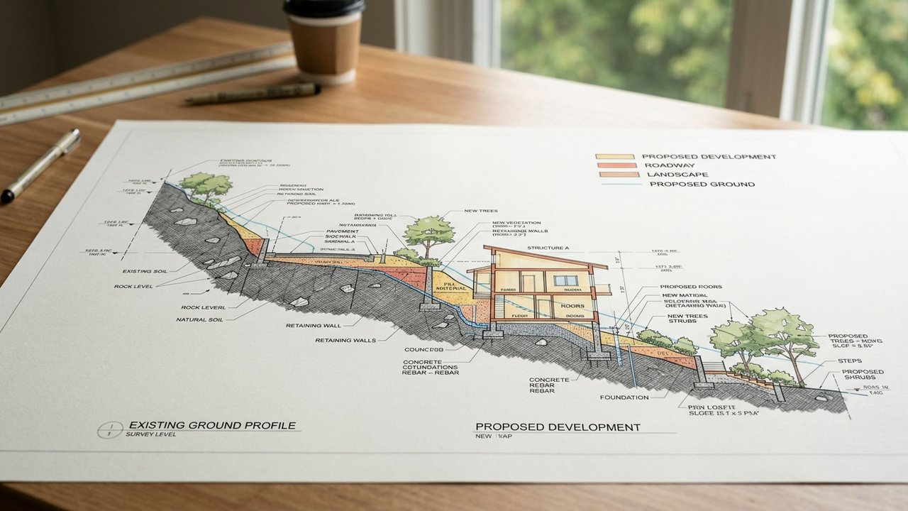 Coupe du terrain et de la construction avec codes graphiques différenciés