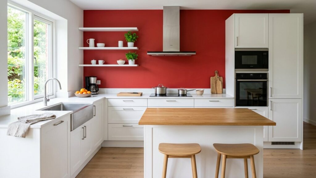 Cuisine moderne avec mur rouge et mobilier blanc