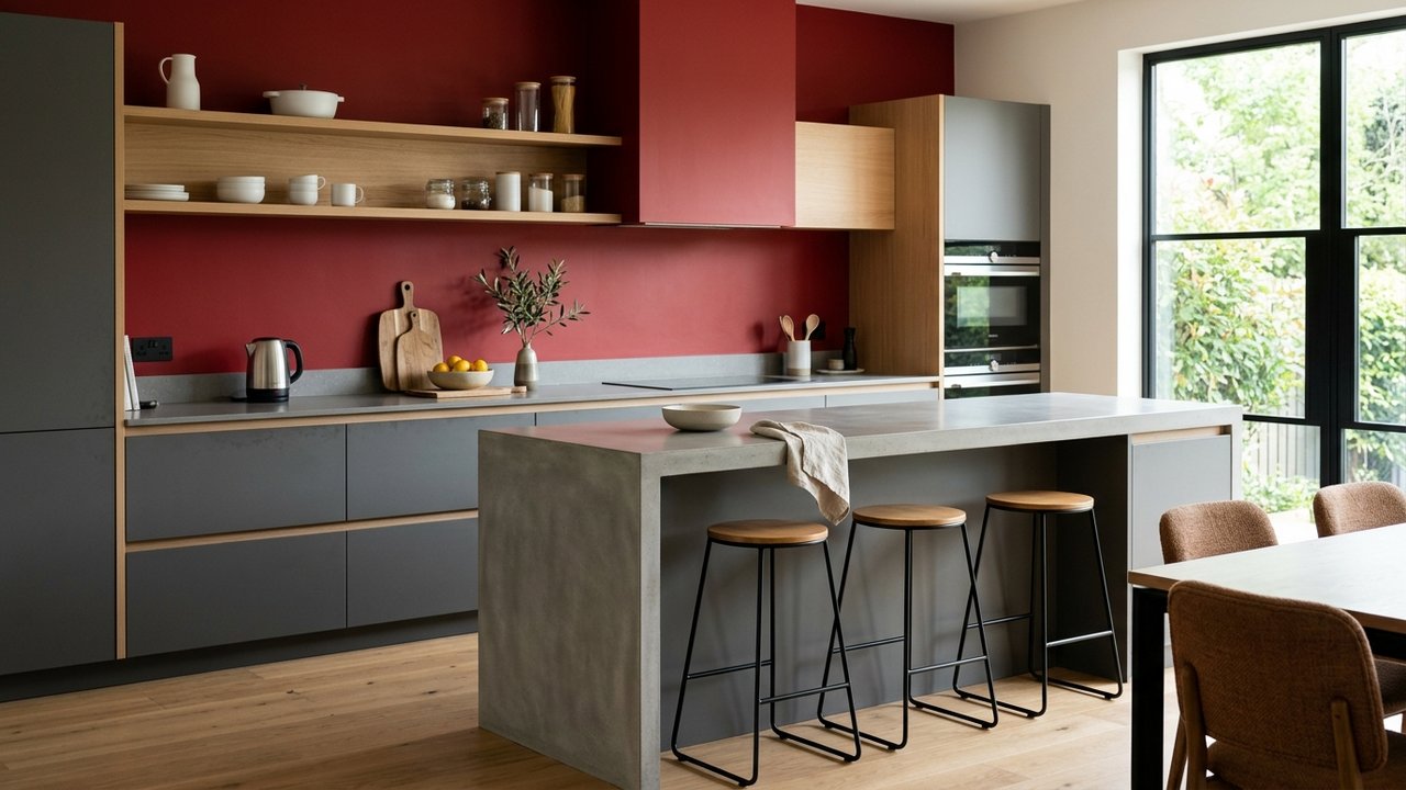 Cuisine avec mur rouge d'accent et mobilier épuré pour éviter la surcharge