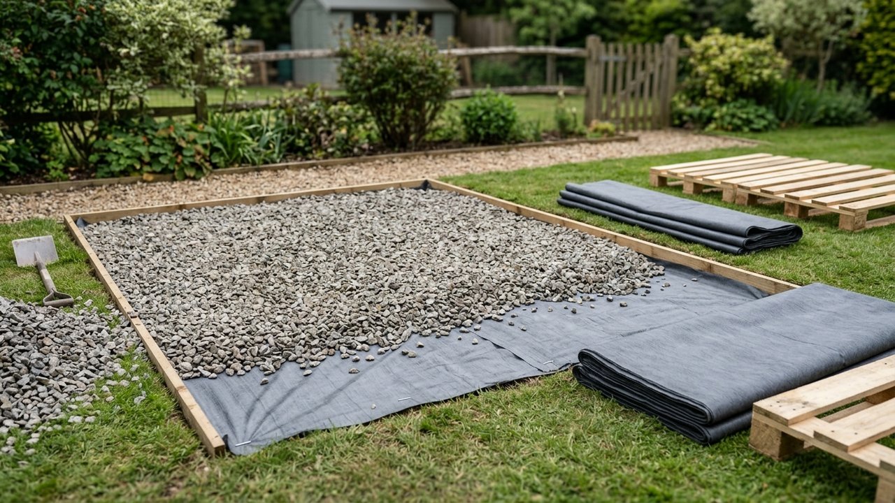 Préparation des fondations d'une cabane en palette avec géotextile