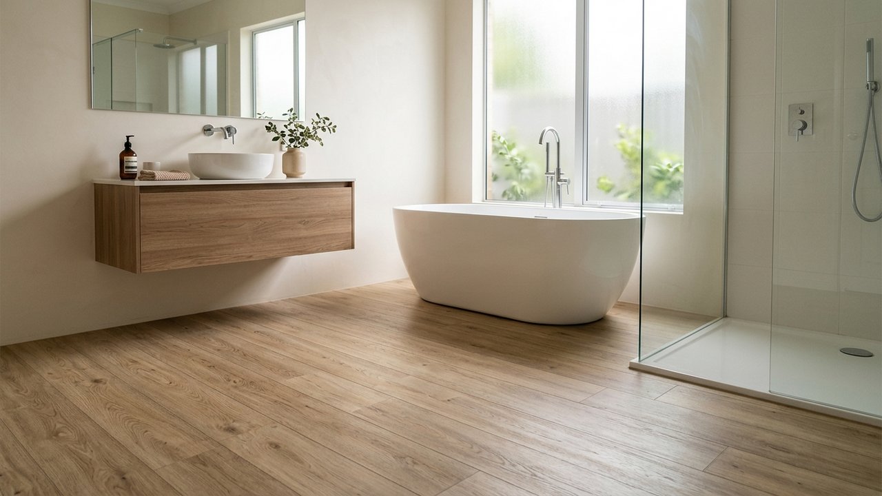 Lames PVC clipsables posées au sol dans une salle de bain moderne
