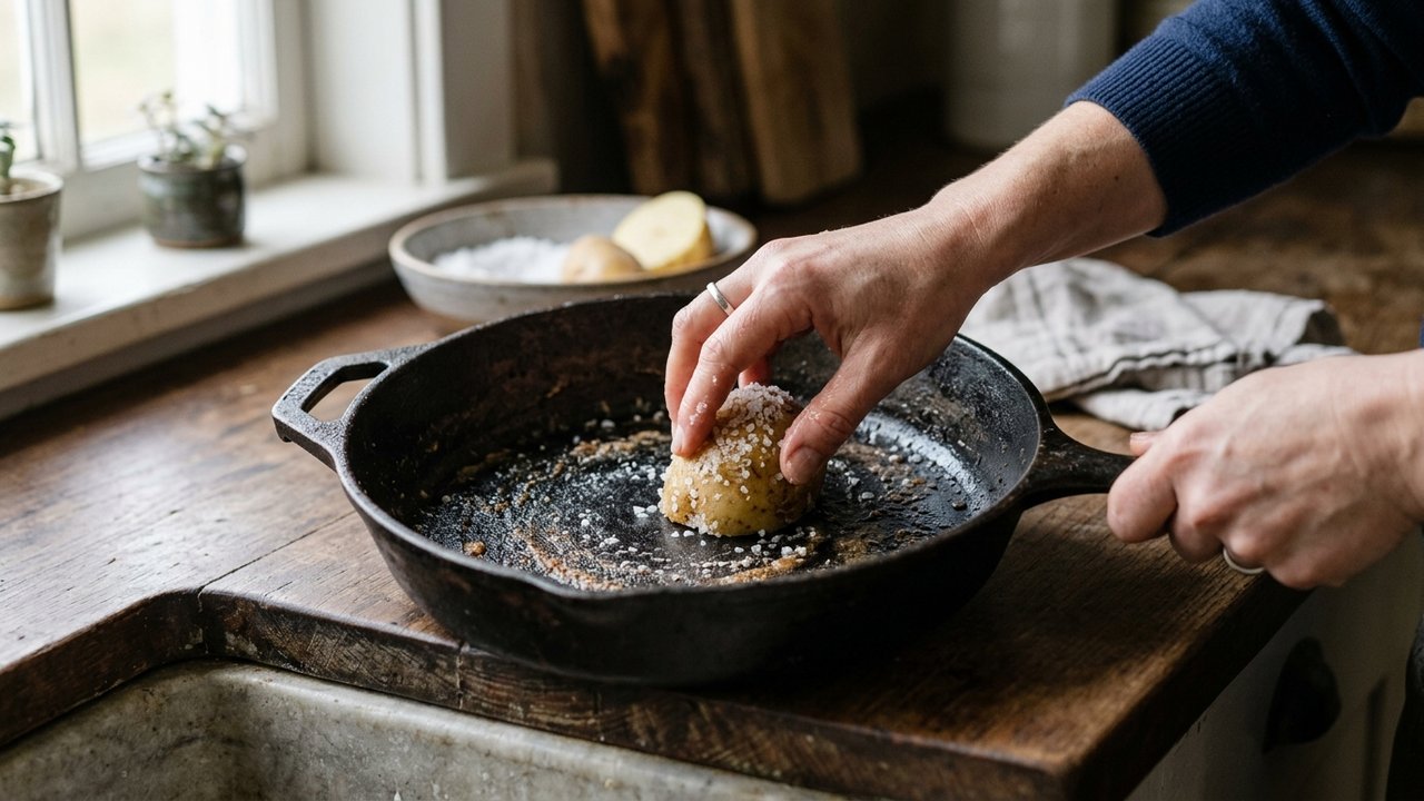 Nettoyage de poêle en fonte avec une demi-pomme de terre et du gros sel