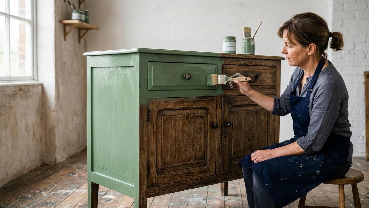 Modernisation d'un meuble ancien en le repeignant avec une peinture verte