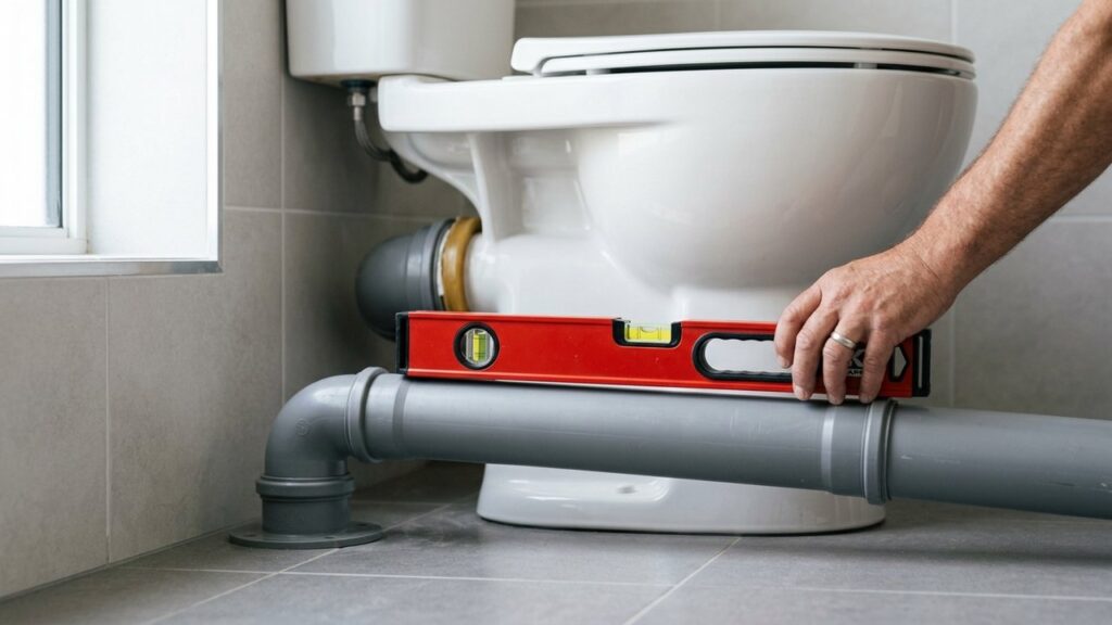 Mesure de la pente d'une canalisation d'évacuation WC avec un niveau