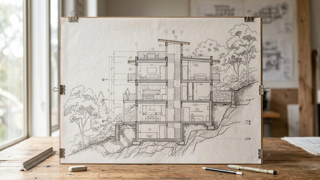 Plan en coupe d'un bâtiment montrant le terrain naturel et le terrain fini