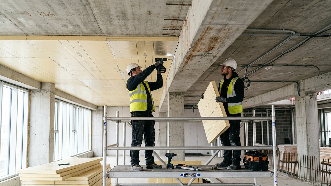 Installation de panneaux isolants en laine minérale sous une dalle béton
