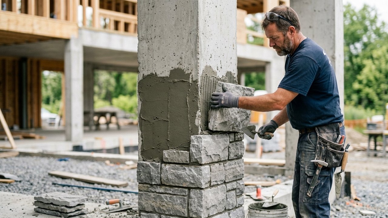 Installation de plaquettes de parement sur un pilier béton avec colle extérieure