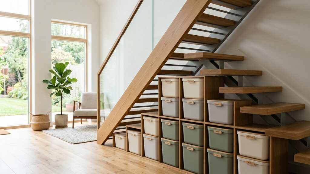 Aménagement moderne sous escalier sans contremarche avec caissons de rangement