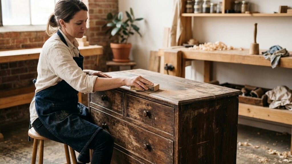 Rénovation d'un meuble ancien en bois avec ponçage