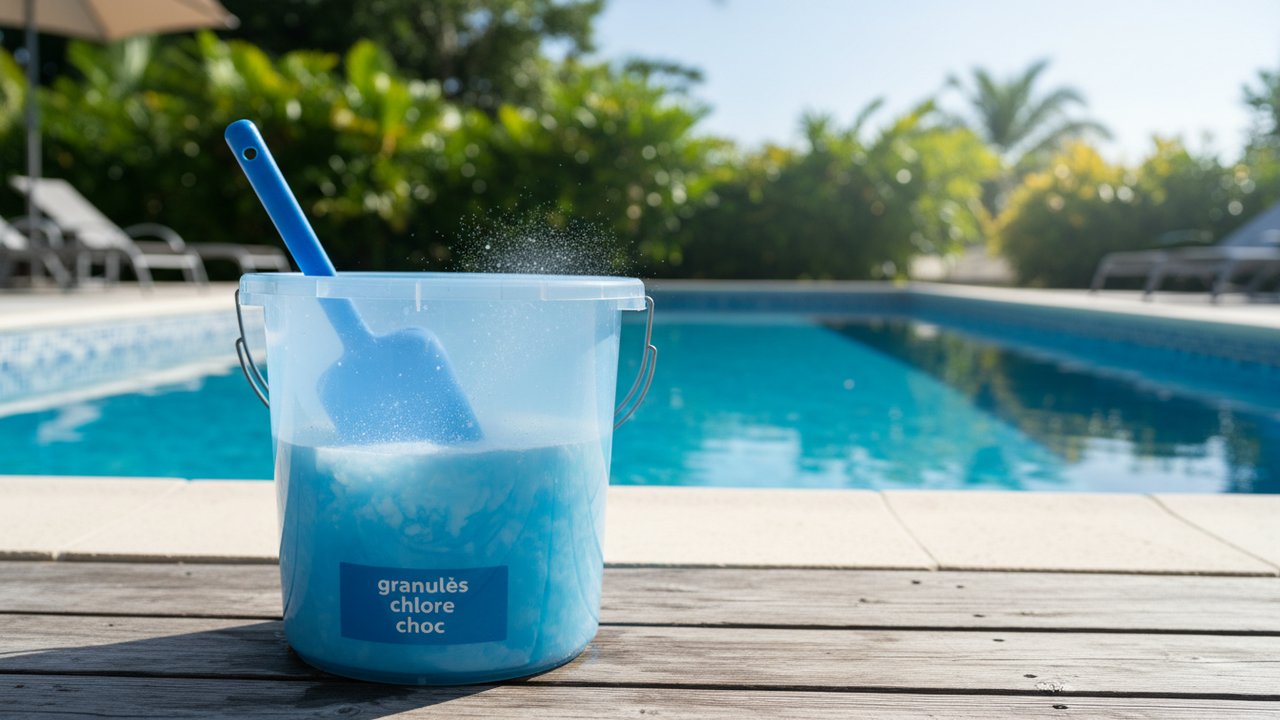 Dilution des granulés de chlore choc avant versement dans la piscine