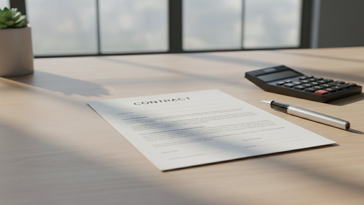 Contrat immobilier en cours de signature avec documents et calculs