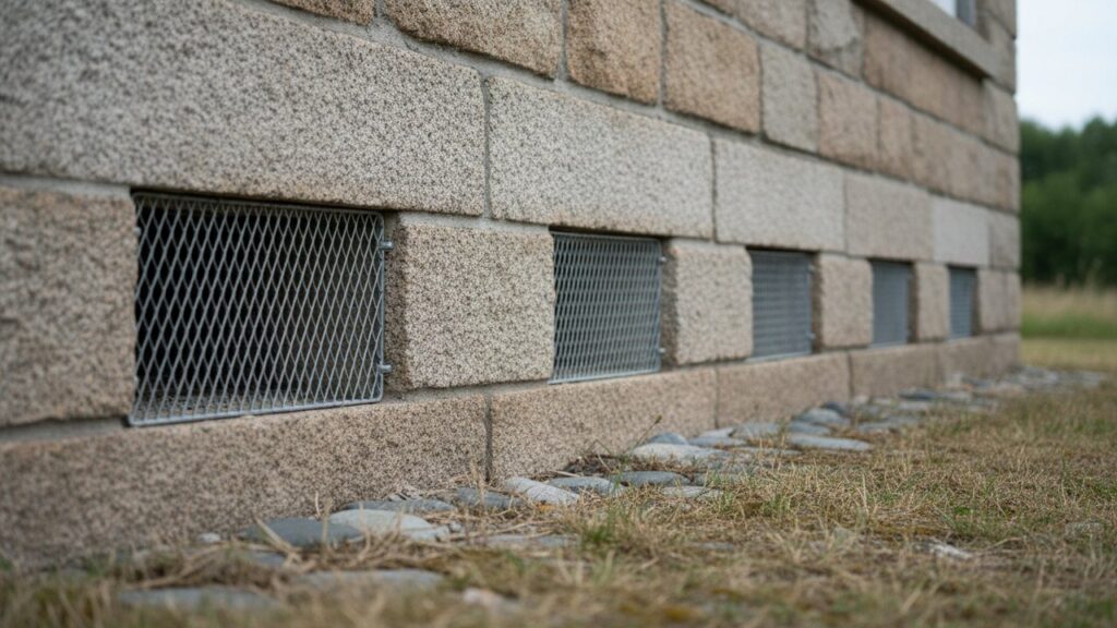 Grilles de ventilation du vide sanitaire sur mur de fondation