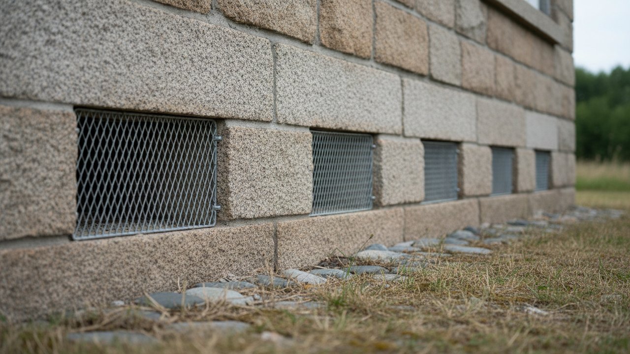 Grilles de ventilation du vide sanitaire sur mur de fondation