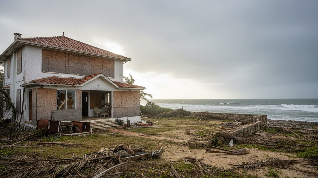 Propriété côtière endommagée par cyclone tropical à Maurice