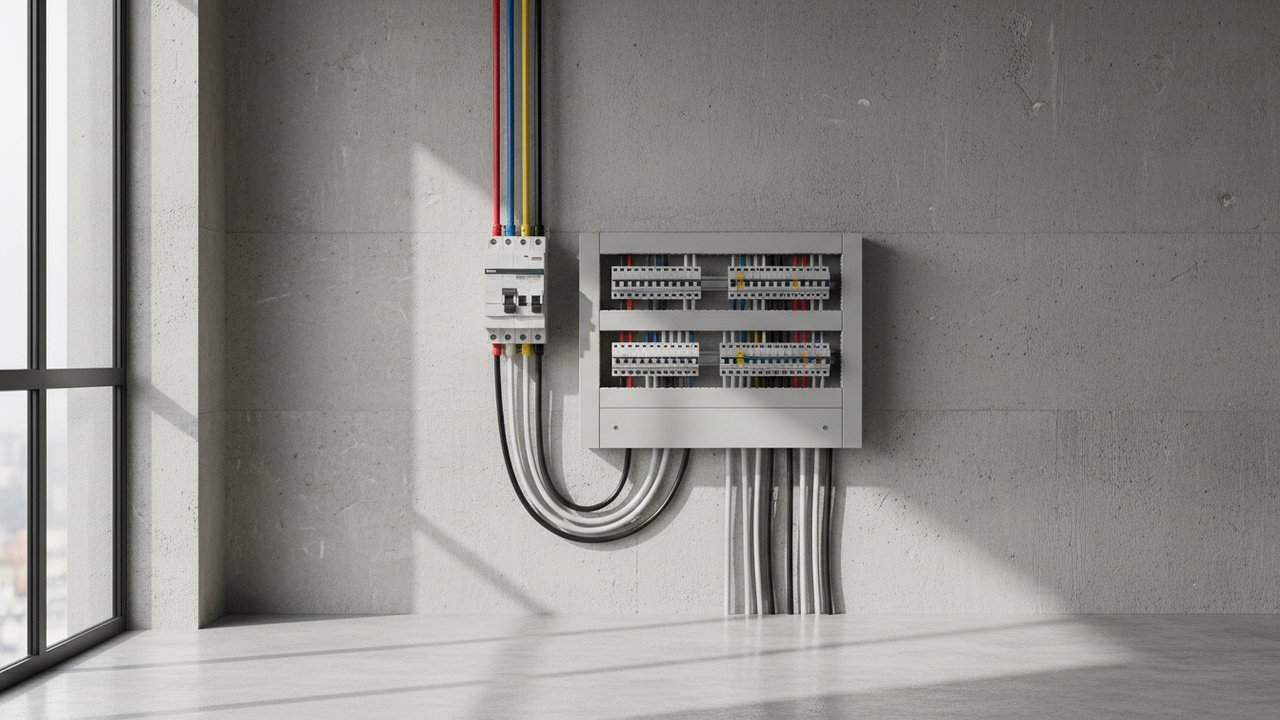 Schéma de distribution triphasée avec répartition équilibrée des circuits monophasés