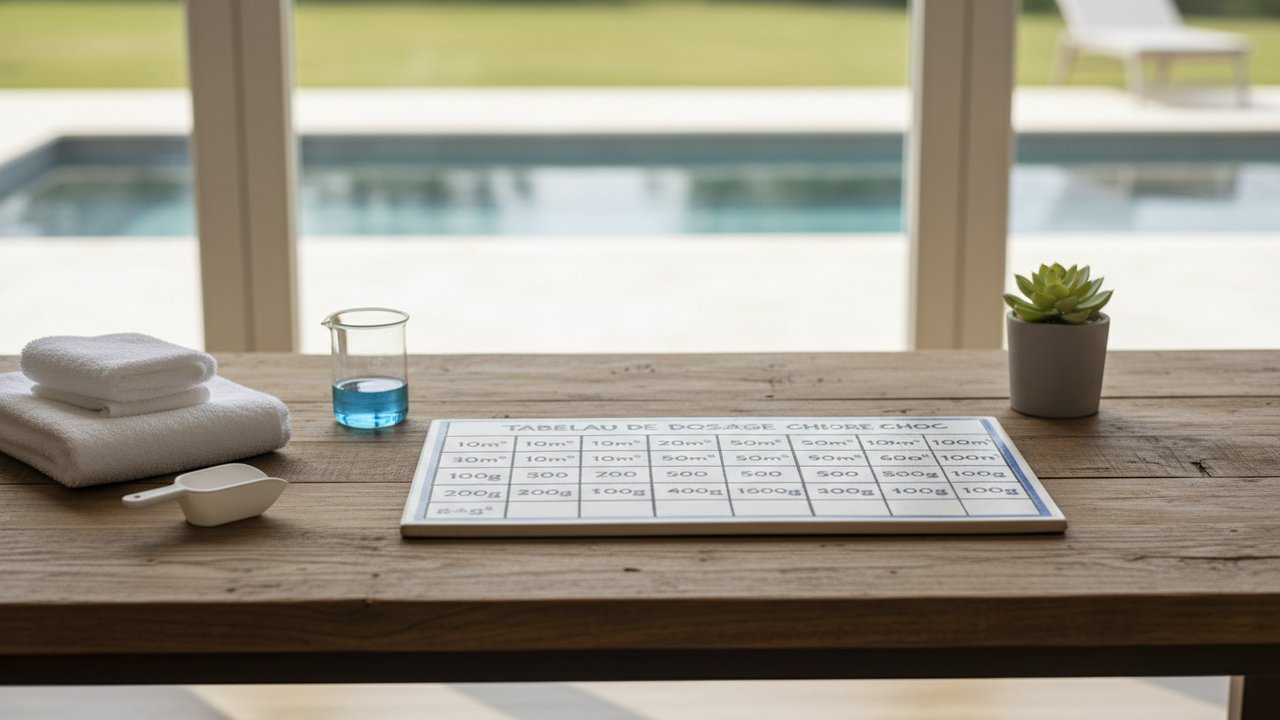 Tableau de dosage du chlore choc par volume de bassin