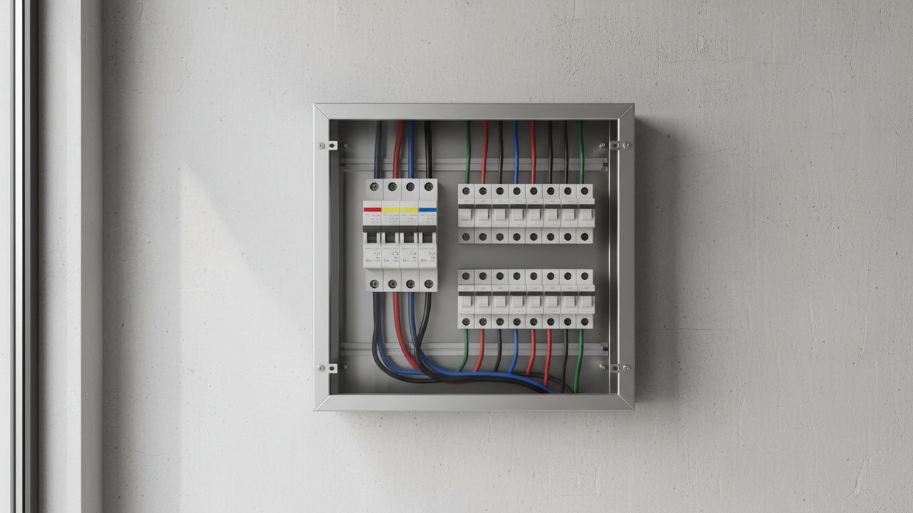 Tableau électrique avec disjoncteur triphasé et circuits monophasés
