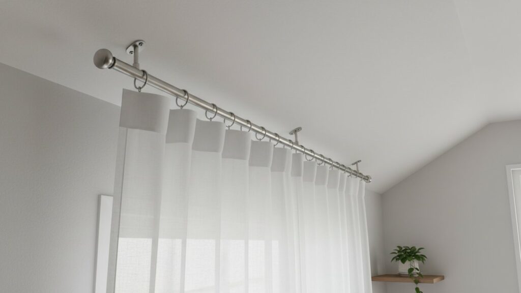Installation d'une tringle à rideau avec supports articulés sous pente
