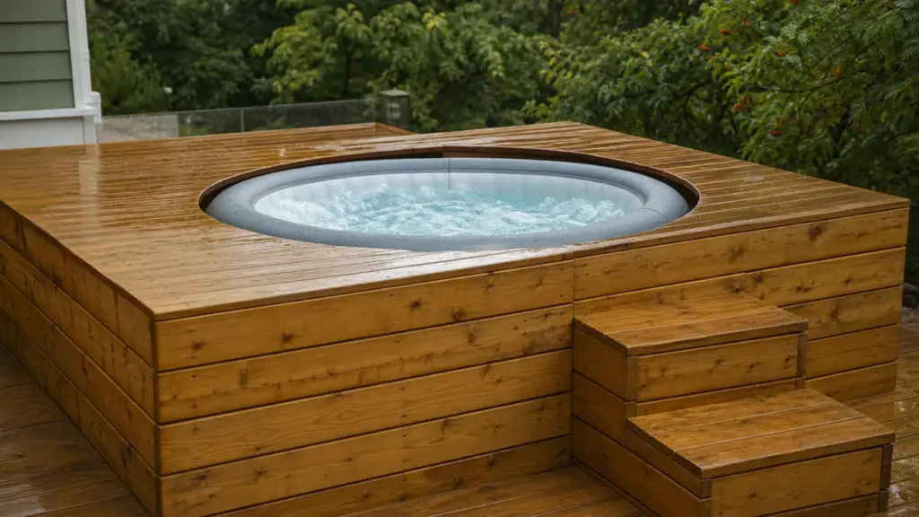 Habillage spa gonflable fait maison en bois autour d'un spa