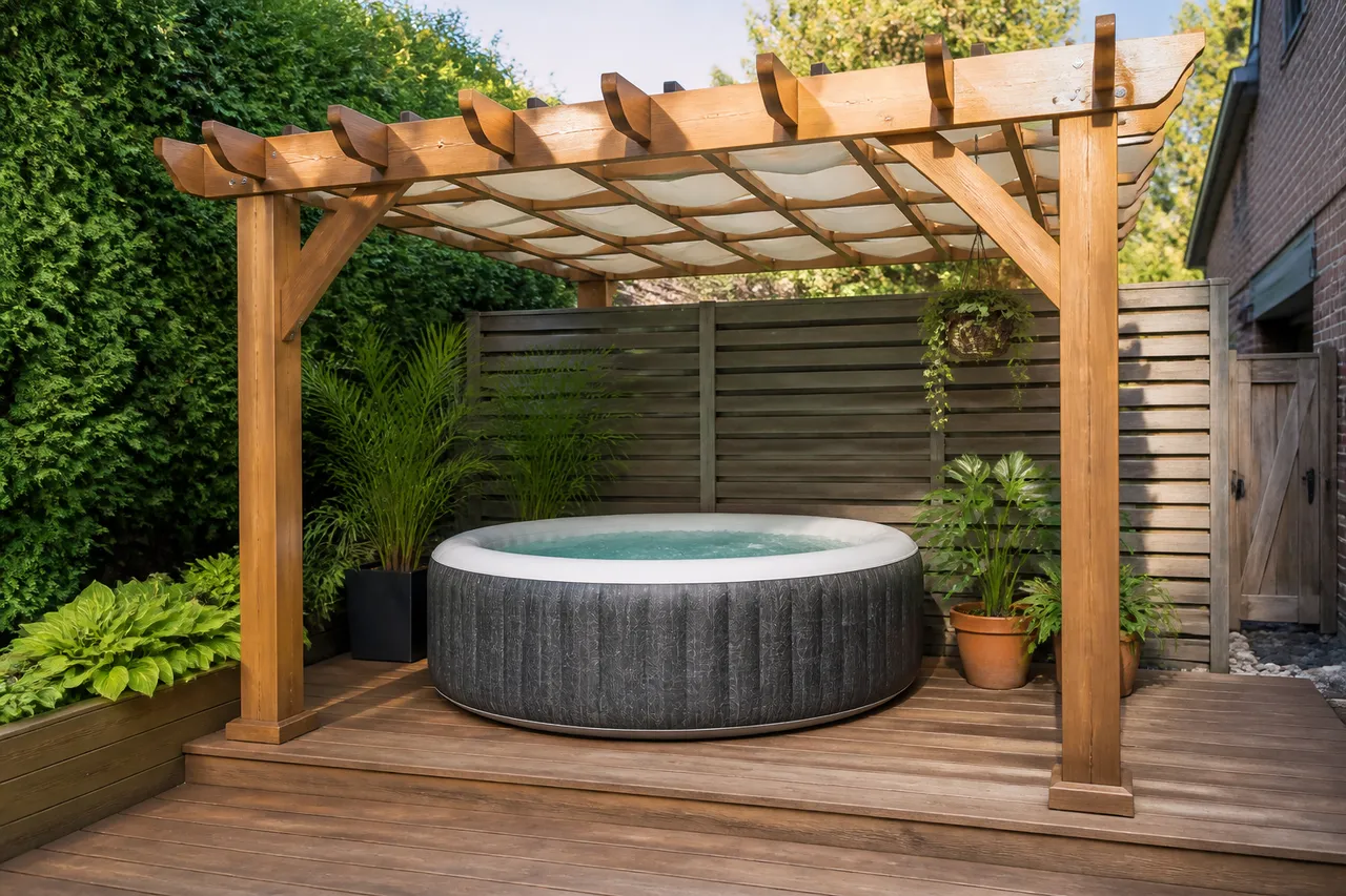 Spa gonflable protégé sous une pergola contre les intempéries