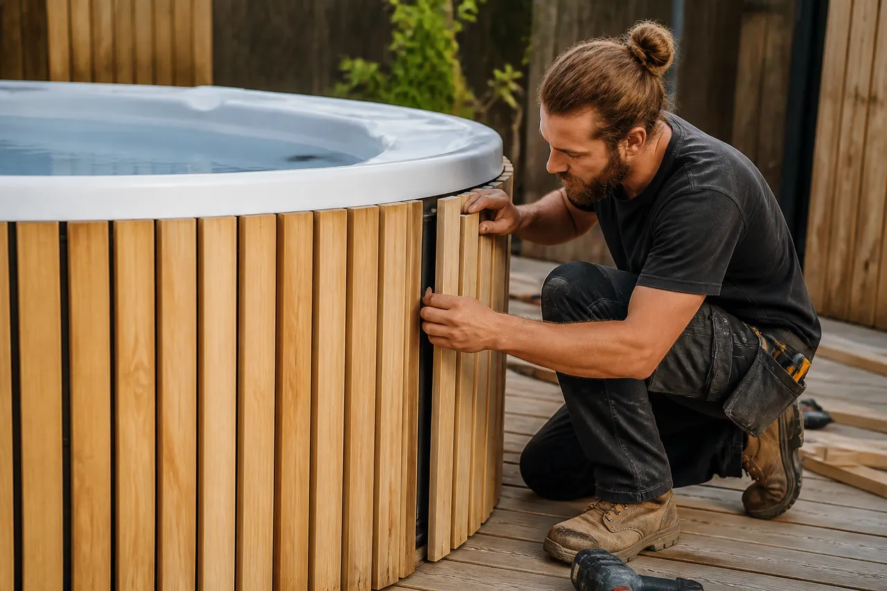Pose des lames d'un habillage spa gonflable en bois