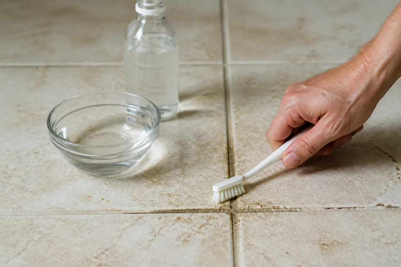 Vinaigre blanc concentré sur des joints de carrelage très sales