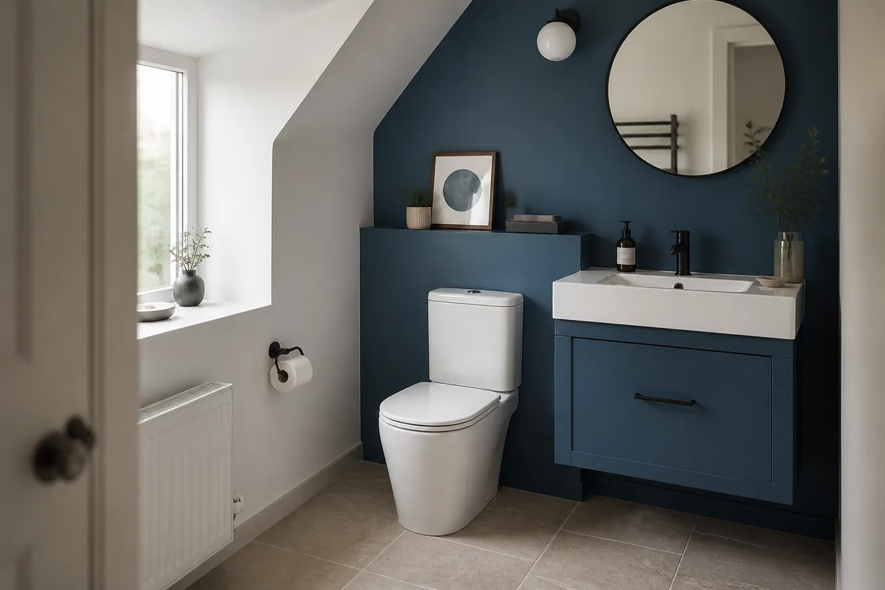 Peinture dans WC : mur bleu canard et cuvette blanche